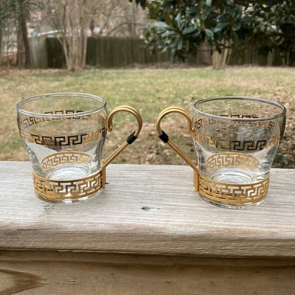 Vintage 1960s LIBBEY Hollywood Regency Greek Key 2 Glasses Key Metal Handles